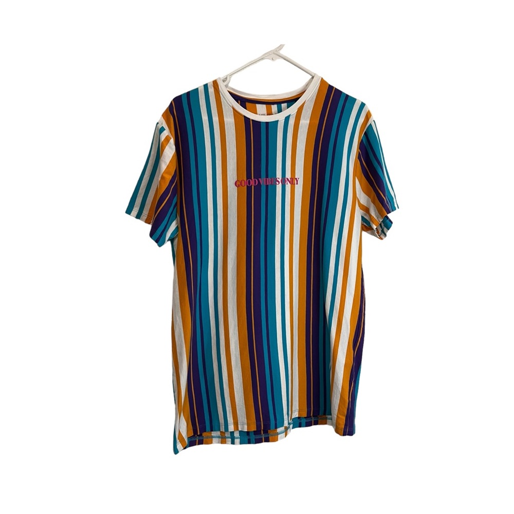 For The People Good Vibes Only Multicolor Striped Short Sleeve Shirt Mens Size L